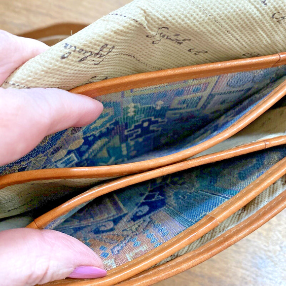 Italian Tapestry Purse 1980s Multicolor & Tan Leather Shoulder Bag Unique Retro - Picture 9 of 11